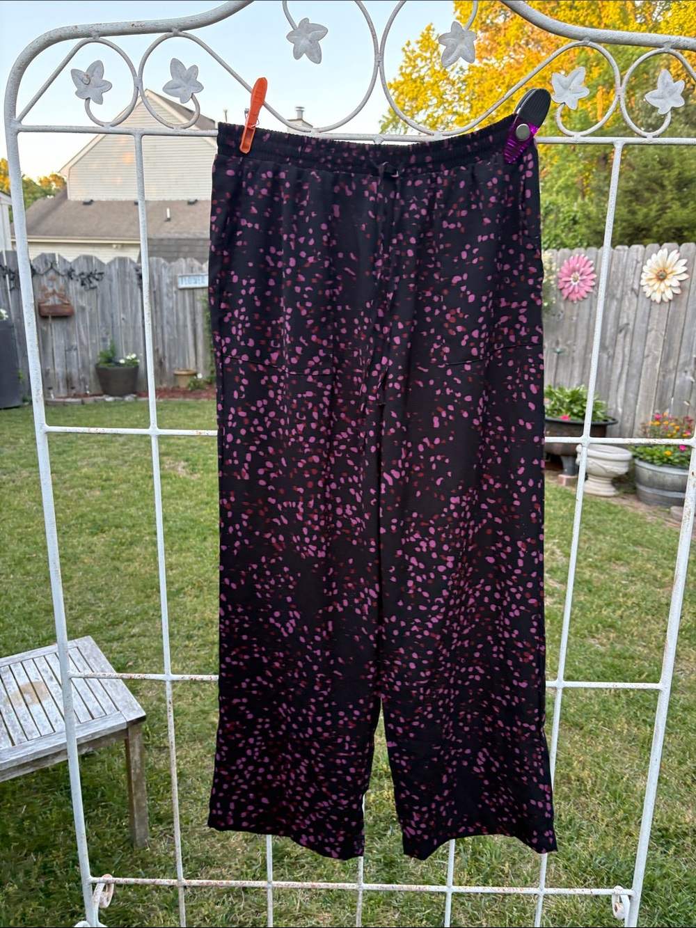 Black Wide-Leg Pants with Purple/red Speckle Print